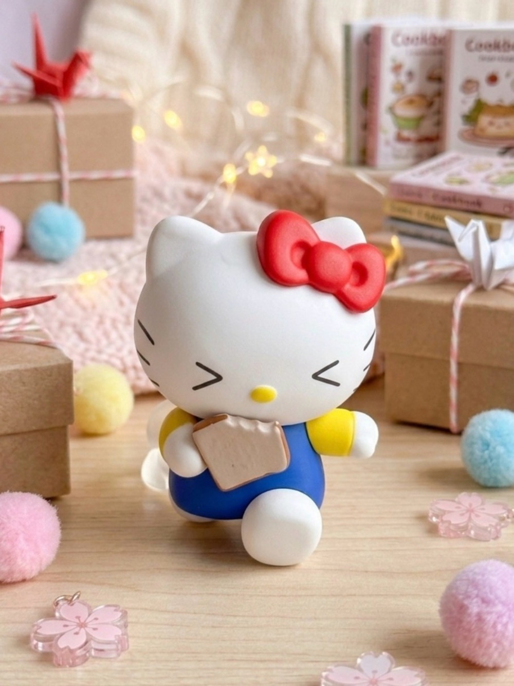 Hello Kitty Figurine with Red Bow and Blue Outfit Running Dust Cloud